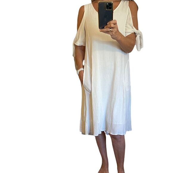 SOFT SURROUNDINGS White Destin Gauze Cold Shoulder Pockets MIDI Dress.Size XS - Picture 2 of 14
